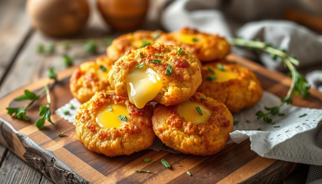 Delectable deep-fried buckwheat fritters, golden-crisp on the outside with a molten cheese center. Artfully arranged on a rustic wooden board, the sciatt valtellinesi glisten under soft, warm lighting. A sprinkling of fresh herbs adds a vibrant pop of color, complementing the rich, nutty flavor of the buckwheat. The composition evokes a cozy, homemade atmosphere, inviting the viewer to imagine the satisfying crunch and oozing dairy goodness with each bite. Shot from a low angle, the image emphasizes the tempting texture and captures the essence of this traditional northern Italian specialty.