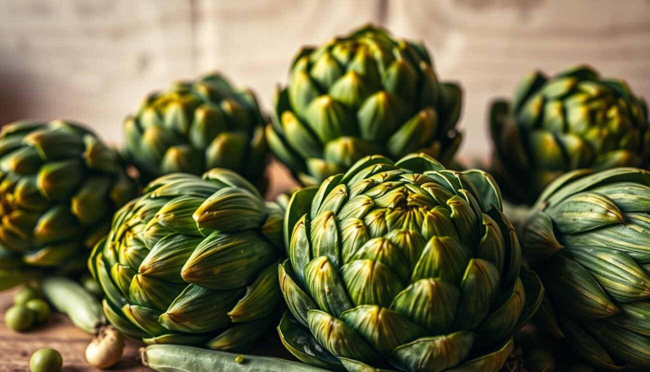 Detailed, close-up shot of freshly harvested artichokes (carciofi) in a rustic Italian kitchen setting. Soft, warm lighting illuminates the vibrant, textured surfaces of the artichokes, revealing their deep green hues and serrated leaves. The artichokes are arranged in the foreground, surrounded by a few scattered spring ingredients like fresh peas and fava beans. The background features a simple, neutral-toned countertop or wooden table, evoking the homespun, homemade atmosphere of a traditional Roman cucina. The overall mood is one of simple, honest representation of seasonal, local produce.