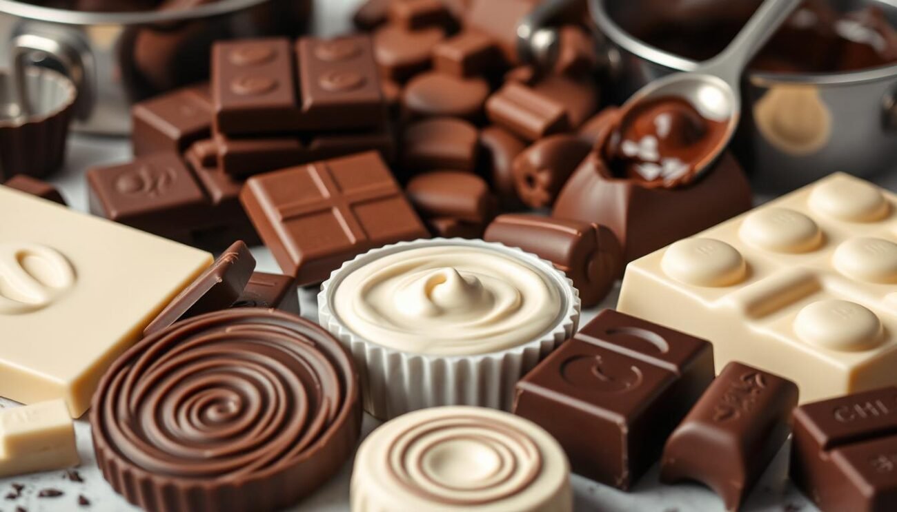 Detailed close-up shot of various chocolate techniques and tools for dessert making. Visually enticing display of different chocolate types - dark, milk, and white - in various stages of melting, tempering, and shaping. Soft, diffused lighting highlights the rich, glossy texture and intricate patterns of the chocolate. Carefully arranged composition showcases the essential steps of chocolate preparation for baking, with classic tools like double boilers, spatulas, and molds in the background. The overall mood is one of culinary expertise and temptation, inviting the viewer to explore the secrets of crafting perfect chocolate-based desserts.