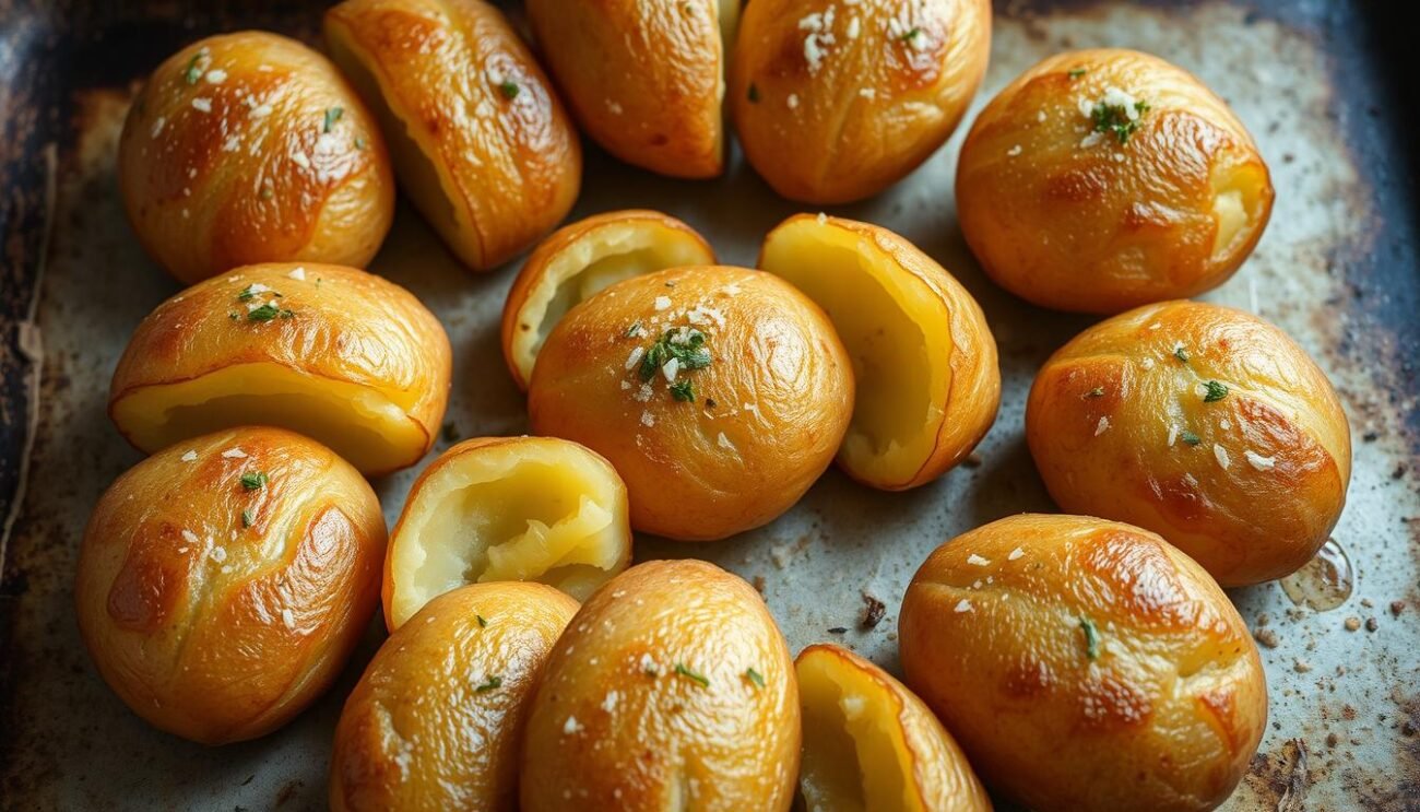 Freshly baked, golden-brown crispy baked potatoes with a fluffy interior, glistening with olive oil and dusted with a blend of fragrant herbs and coarse sea salt. Arrange the potatoes in an elegant circular pattern on a rustic baking sheet, with a soft, even lighting highlighting their delectable texture. Capture the hearty, comforting atmosphere of an authentic Italian kitchen, where the aroma of perfectly roasted potatoes fills the air and beckons the senses. Freshly baked, golden-brown crispy baked potatoes with a fluffy interior, glistening with olive oil and dusted with a blend of fragrant herbs and coarse sea salt. Arrange the potatoes in an elegant circular pattern on a rustic baking sheet, with a soft, even lighting highlighting their delectable texture. Capture the hearty, comforting atmosphere of an authentic Italian kitchen, where the aroma of perfectly roasted potatoes fills the air and beckons the senses.