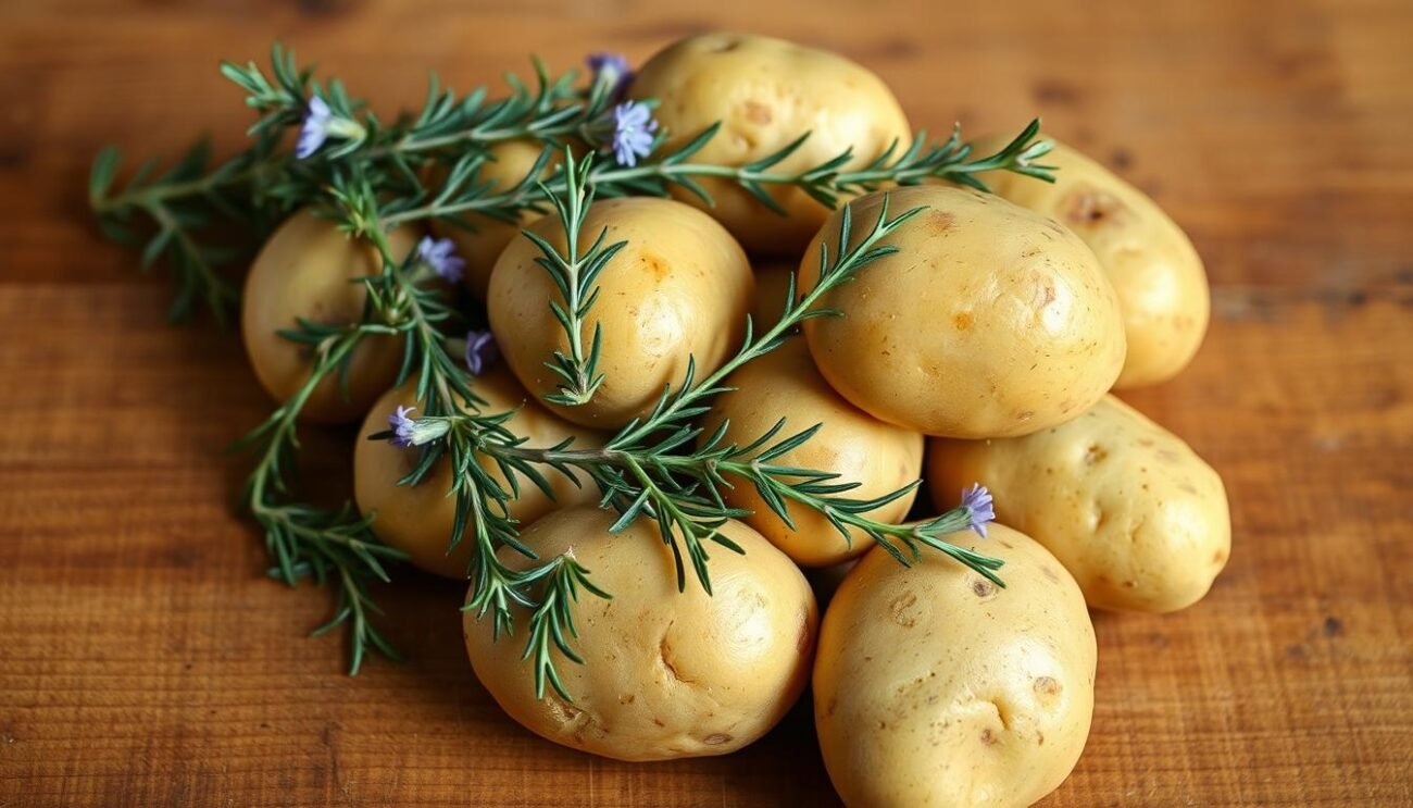 Freshly harvested potatoes resting on a rustic wooden table, their smooth skin glistening under the warm, natural lighting. Sprigs of fragrant rosemary, their deep green leaves and delicate purple flowers, are thoughtfully scattered among the potatoes, complementing their earthy tones. A clean, minimalist background allows the ingredients to take center stage, highlighting their simple yet elegant presentation. The overall scene conveys a sense of homespun, traditional Italian cooking, evoking the comforting and inviting atmosphere of a family kitchen. Freshly harvested potatoes resting on a rustic wooden table, their smooth skin glistening under the warm, natural lighting. Sprigs of fragrant rosemary, their deep green leaves and delicate purple flowers, are thoughtfully scattered among the potatoes, complementing their earthy tones. A clean, minimalist background allows the ingredients to take center stage, highlighting their simple yet elegant presentation. The overall scene conveys a sense of homespun, traditional Italian cooking, evoking the comforting and inviting atmosphere of a family kitchen.