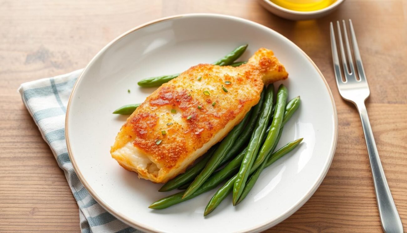 Genera un'immagine di baccalà in tempura con fagiolini