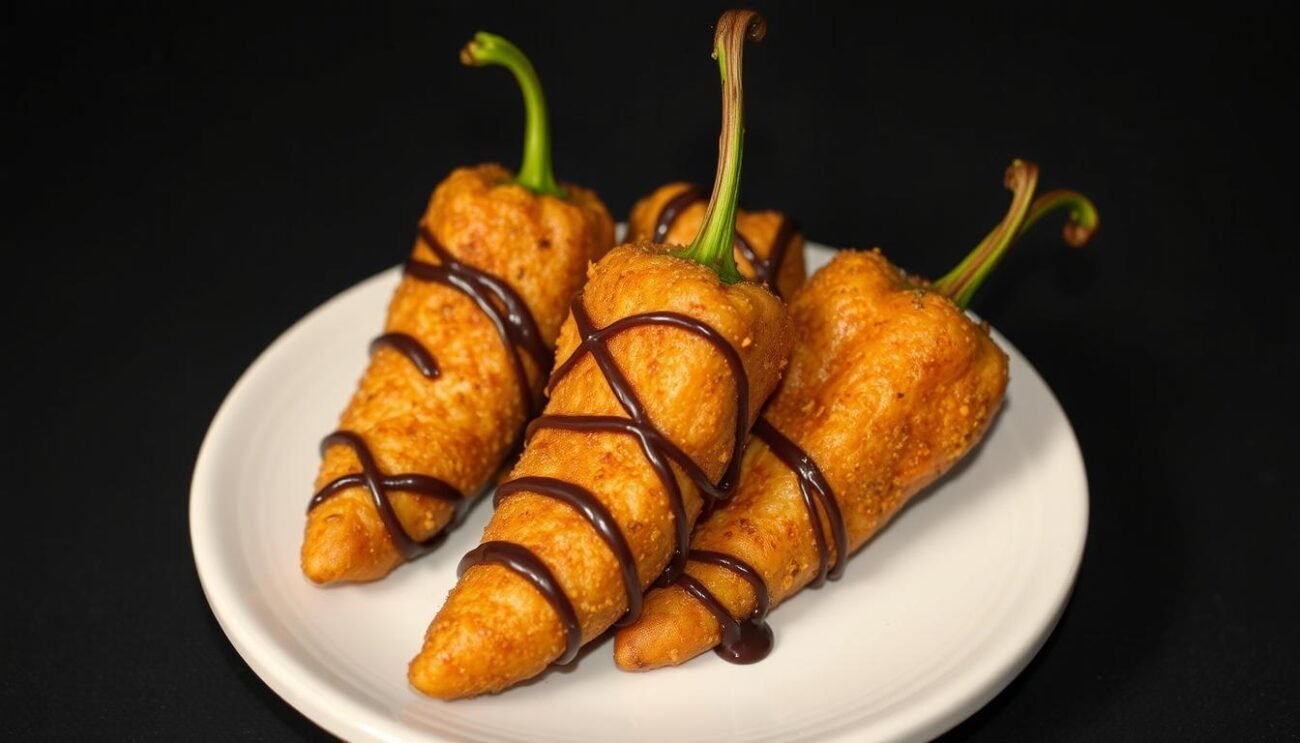 Genera un'immagine di peperoni cruschi fritti ricoperti di cioccolato fondente