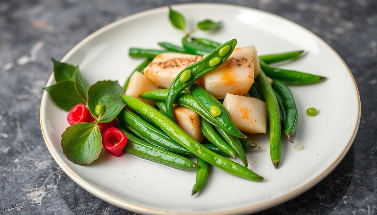 Genera un'immagine di un piatto di Saor di fagiolini e taccole