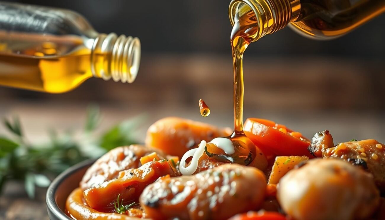 Immagine di olio extravergine d'oliva versato su coniglio alla cacciatora