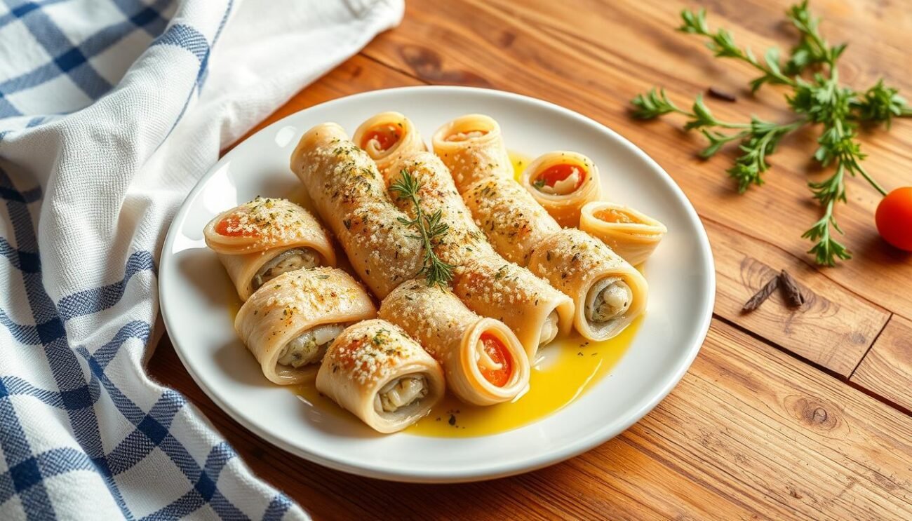 Involtini di pesce spada con panatura croccante su un piatto di ceramica bianca. Fette di pesce spada impanate e arrotolate, con un ripieno di pangrattato, prezzemolo, aglio e spezie. Un goccio di olio d'oliva extra vergine gocciola sugli involtini, illuminati da una luce morbida e calda. Sullo sfondo, una tavola di legno rustica e un semplice tessuto a quadri bianco e blu, evocando una tipica cucina siciliana. L'immagine trasmette l'essenza della tradizione culinaria della Sicilia, con i suoi sapori intensi e i colori vivaci.