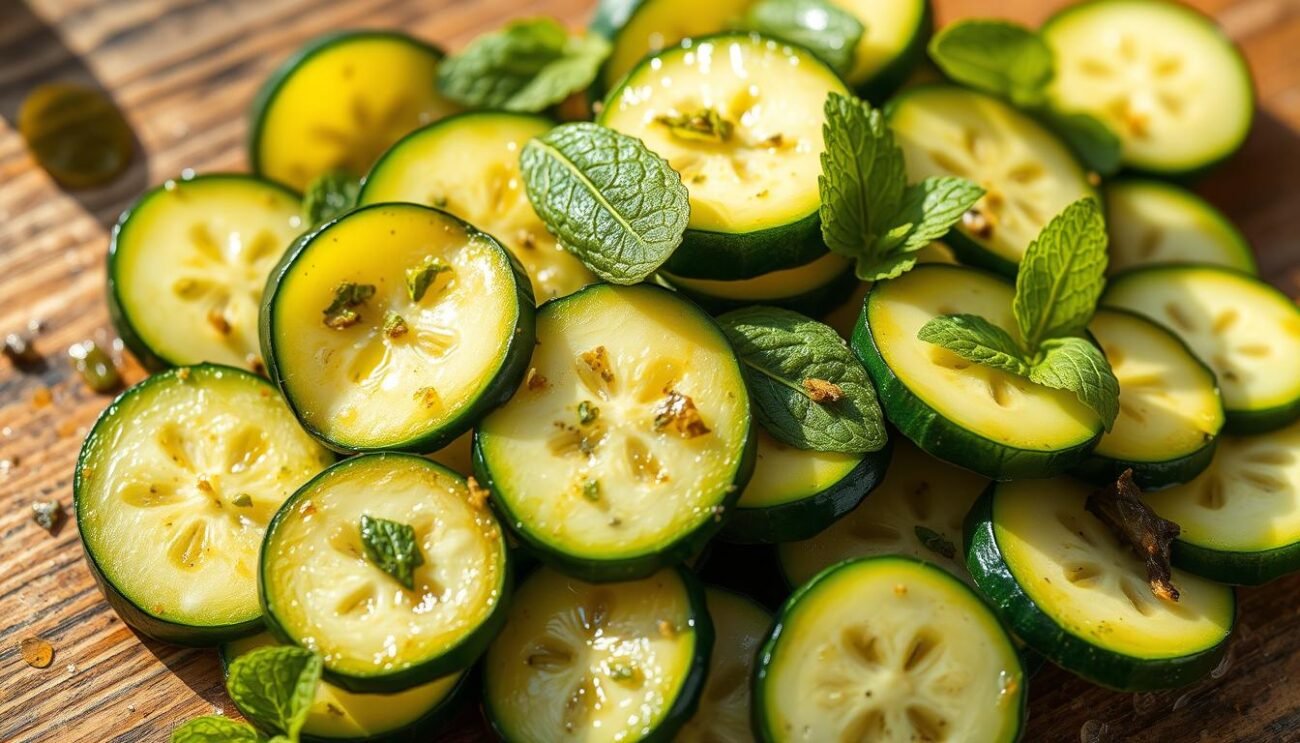 Juicy zucchini slices bathed in a bright, tangy marinade of olive oil, vinegar, and fresh mint leaves. Arranged in a rustic, sun-dappled composition, the tender vegetables gleam with a light sheen, their vibrant green hues contrasting against the warm, earthy tones of the wooden background. Soft, diffused lighting casts gentle shadows, creating a sense of depth and dimension. The overall mood is one of summer abundance, a simple yet flavorful side dish bursting with Mediterranean flair. Juicy zucchini slices bathed in a bright, tangy marinade of olive oil, vinegar, and fresh mint leaves. Arranged in a rustic, sun-dappled composition, the tender vegetables gleam with a light sheen, their vibrant green hues contrasting against the warm, earthy tones of the wooden background. Soft, diffused lighting casts gentle shadows, creating a sense of depth and dimension. The overall mood is one of summer abundance, a simple yet flavorful side dish bursting with Mediterranean flair.