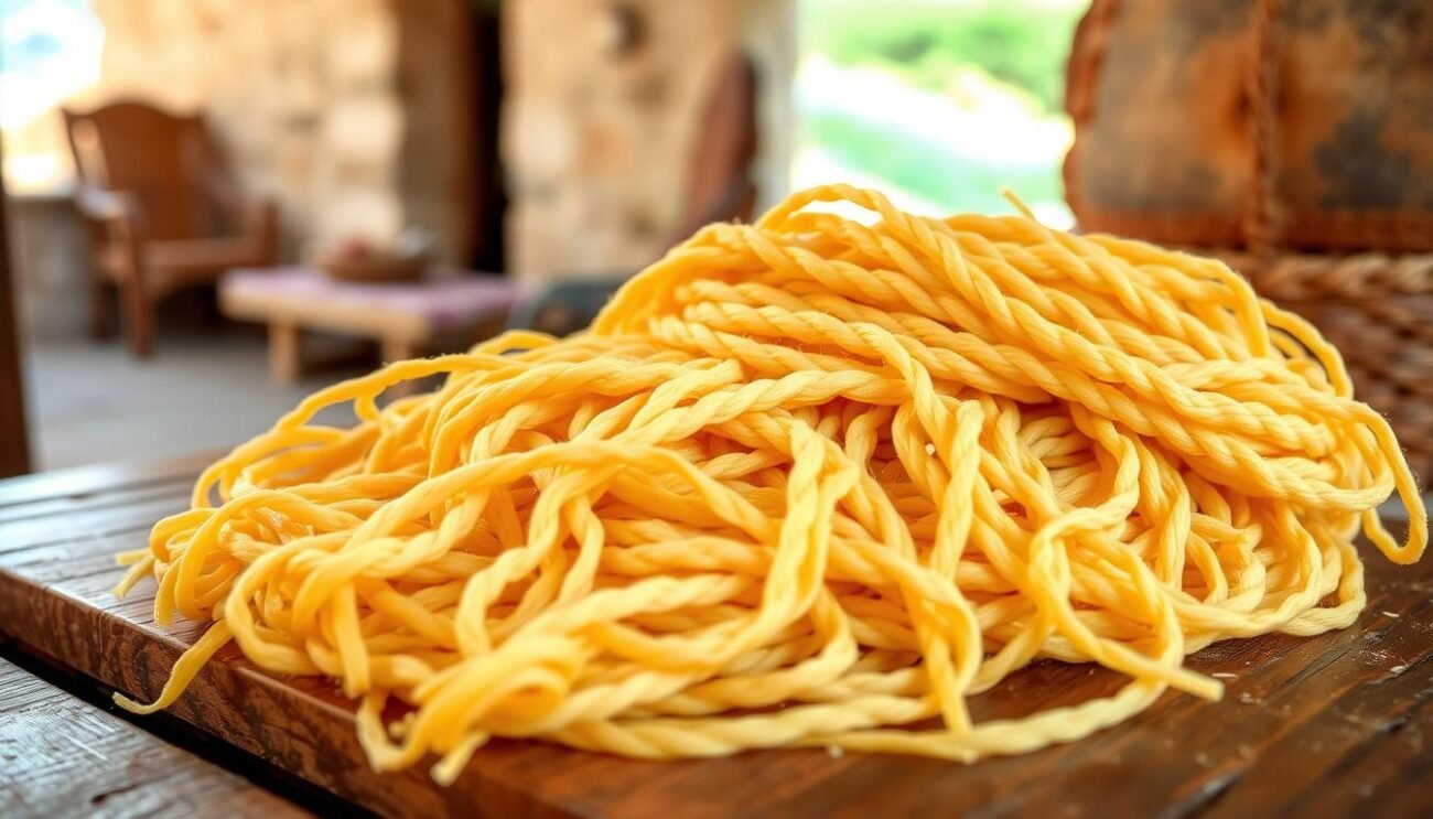 Lorighittas di Morgongiori, a traditional Sardinian handwoven pasta, sit atop a rustic wooden table in a warm, earthy setting. The intricately braided strands, their golden hues illuminated by soft, natural lighting, evoke the rich culinary heritage of the region. In the background, a glimpse of a traditional Sardinian stone building or countryside landscape adds to the authentic atmosphere. The composition emphasizes the delicate craftsmanship and the sense of place, reflecting the recognition of Lorighittas as a cherished Traditional Agri-Food Product (PAT) of Sardinia.