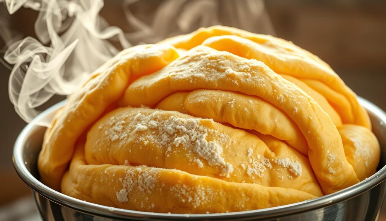 Luscious, golden-brown focaccia dough, freshly kneaded and rising in a gleaming steel bowl. Wisps of steam curl upwards, hinting at the airy, flaky texture within. A dusting of fine, white flour coats the dough's surface, lending an artisanal, rustic charm. Soft, supple folds unfurl as the dough is gently stretched and layered, a testament to the skilled hands that shaped it. Backlighting casts a warm, ethereal glow, illuminating the dough's intricate, stratified structure - an impasto crescia sfogliata, a true Renaissance-era delicacy. Captured in crisp, high-resolution detail, this image evokes the rich history and artisanal craftsmanship of the iconic Urbino focaccia. Luscious, golden-brown focaccia dough, freshly kneaded and rising in a gleaming steel bowl. Wisps of steam curl upwards, hinting at the airy, flaky texture within. A dusting of fine, white flour coats the dough's surface, lending an artisanal, rustic charm. Soft, supple folds unfurl as the dough is gently stretched and layered, a testament to the skilled hands that shaped it. Backlighting casts a warm, ethereal glow, illuminating the dough's intricate, stratified structure - an impasto crescia sfogliata, a true Renaissance-era delicacy. Captured in crisp, high-resolution detail, this image evokes the rich history and artisanal craftsmanship of the iconic Urbino focaccia.