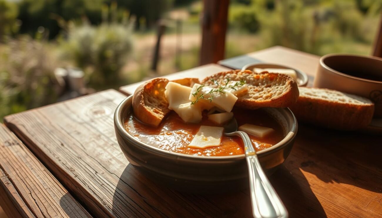 Lush, sun-drenched Sardinian countryside. A rustic wooden table laid with a simple yet hearty "Zuppa Gallurese" - thick slices of crusty bread nestled in a rich, fragrant broth, crowned with melted pecorino cheese. Warm, earthy tones suffuse the scene, evoking the island's age-old culinary traditions. Soft, diffused lighting casts a golden glow, highlighting the dish's rustic elegance. The composition captures the intimacy and comfort of this beloved local speciality, inviting the viewer to savor the authentic flavors of Gallura.
