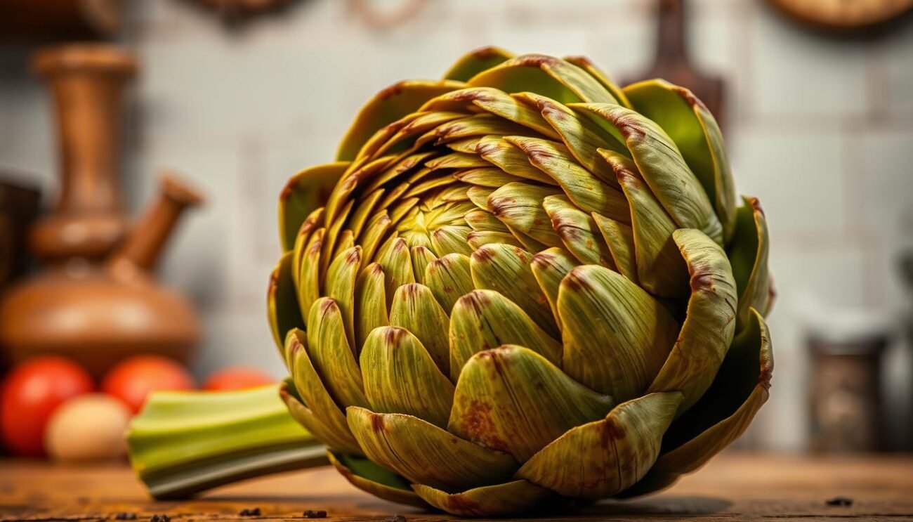 Meticulously detailed artichoke (carciofi) in the foreground, freshly harvested with vibrant green leaves and a hint of purple hues. The artichoke is presented in a classic Roman style, crisp and golden brown from being fried to perfection. Set against a softly blurred background of a traditional Italian kitchen, with warm lighting and rustic textures. Captures the essence of the "Carciofo Perfetto per la Ricetta" - the quintessential artichoke dish of Roman culinary tradition. Meticulously detailed artichoke (carciofi) in the foreground, freshly harvested with vibrant green leaves and a hint of purple hues. The artichoke is presented in a classic Roman style, crisp and golden brown from being fried to perfection. Set against a softly blurred background of a traditional Italian kitchen, with warm lighting and rustic textures. Captures the essence of the "Carciofo Perfetto per la Ricetta" - the quintessential artichoke dish of Roman culinary tradition.