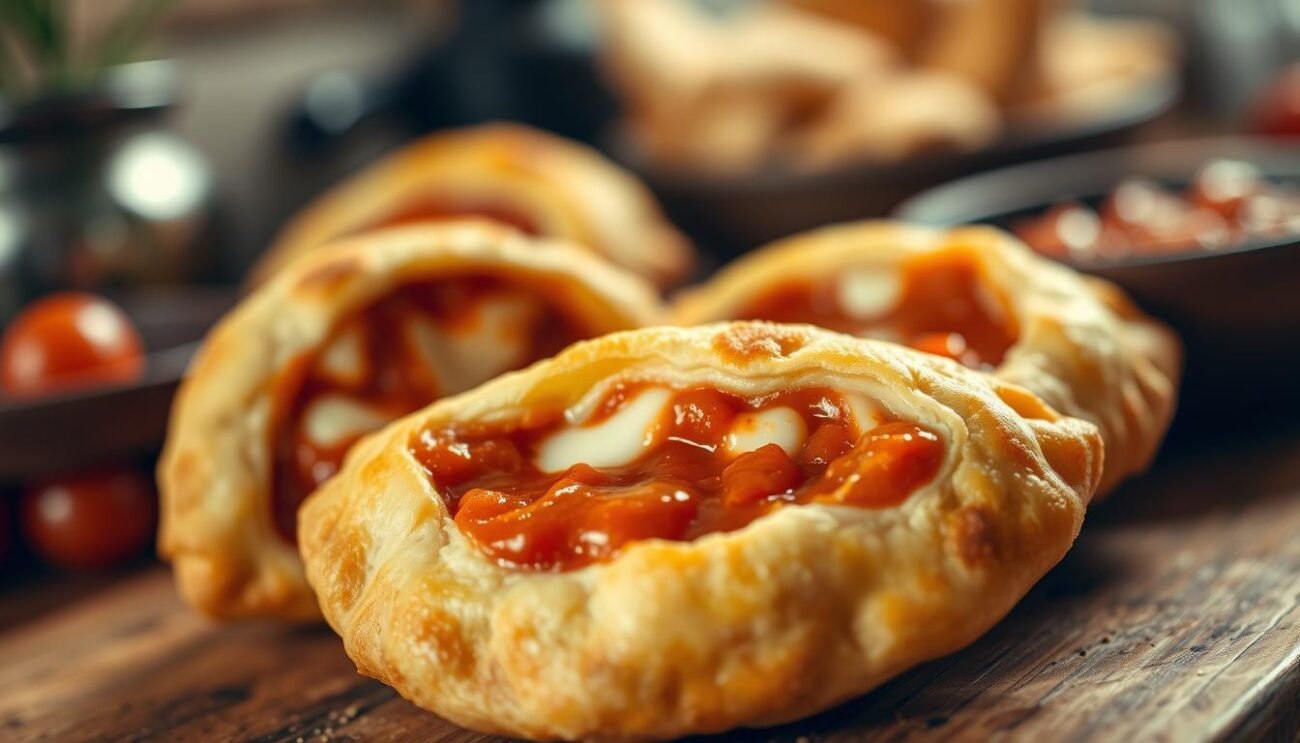 Panzerotti, the savory half-moon-shaped fried pastries, filled with melted mozzarella cheese and tangy tomato sauce. A quintessential Italian delicacy, captured in a warm, inviting scene. The panzerotti take center stage, their golden-brown crusts glistening under the soft, diffused lighting. The background blurs slightly, drawing the viewer's focus to the delectable filling spilling out, revealing the dish's traditional preparation and flavor profile. Hints of a rustic, cozy Italian kitchen set the mood, with subtle textures and muted tones complementing the star of the show. This image encapsulates the origins and timeless tradition of this beloved street food, a mouthwatering representation of "Cosa Sono i Panzerotti: Origini e Tradizione".