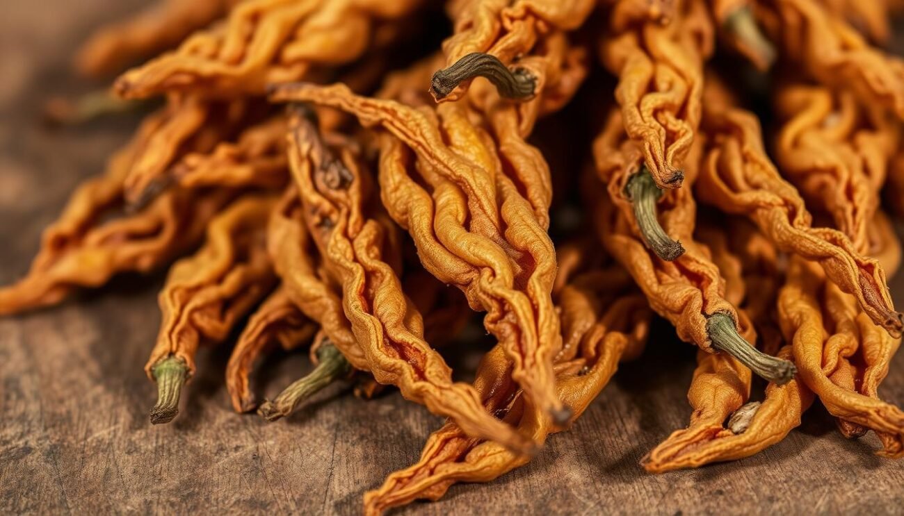 Peperoni cruschi, the dried and fried peppers of Basilicata, Italy. A close-up view of the delicate, golden-brown peppers, their skin crisp and flaky, nestled atop a rustic wooden surface. The warm, earthy tones of the peppers are accentuated by soft, natural lighting, casting gentle shadows that highlight their intricate textures. The background is blurred, allowing the peppers to take center stage, conveying a sense of simplicity and authenticity befitting the traditional origins of this regional delicacy.
