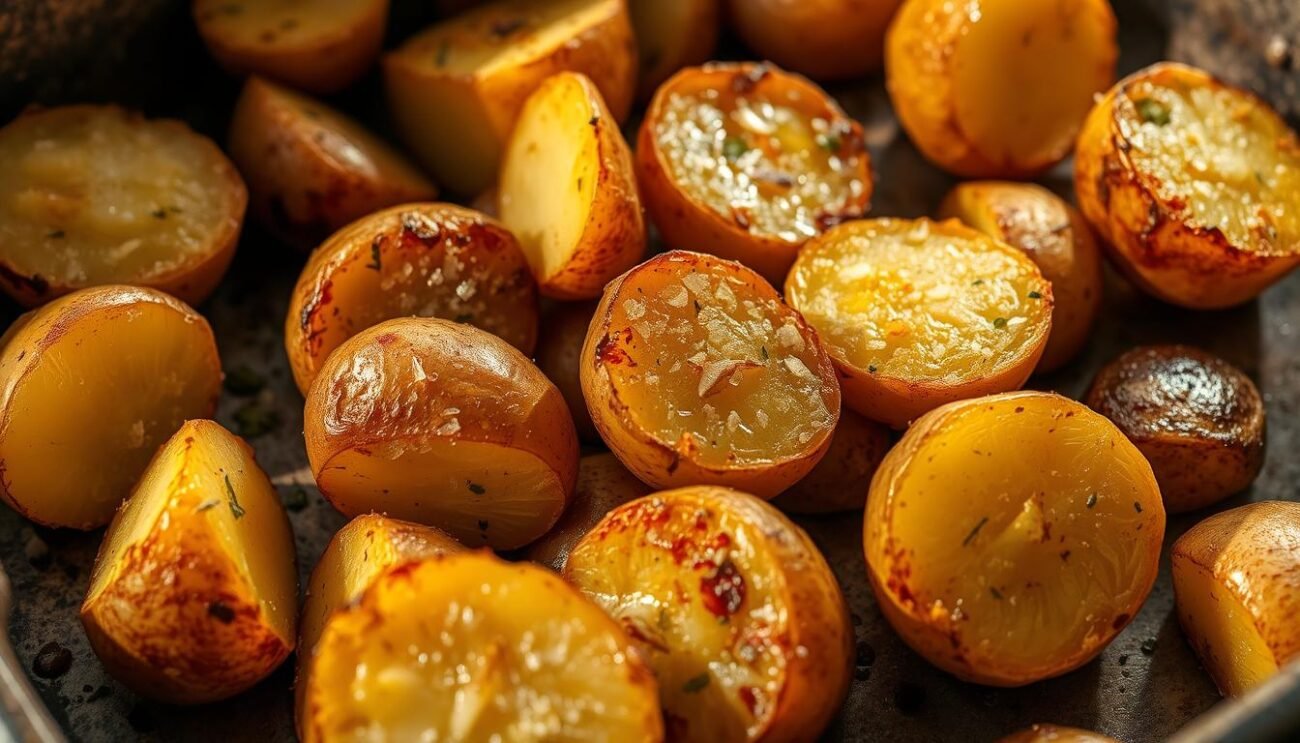 Perfectly golden-brown roasted potatoes, their crisp exteriors and fluffy interiors inviting the senses. Arranged artfully on a rustic baking tray, a hint of olive oil glistens in the warm, natural lighting. The potatoes are generously seasoned with salt, pepper, and aromatic herbs, their earthy tones complemented by the soft shadows cast across the scene. This quintessential Italian side dish, "patate al forno," embodies the comforting simplicity and rich flavors of traditional home cooking. The image conveys the timeless appeal of this beloved classic, reflecting the cherished status of roasted potatoes within the Italian culinary tradition. Perfectly golden-brown roasted potatoes, their crisp exteriors and fluffy interiors inviting the senses. Arranged artfully on a rustic baking tray, a hint of olive oil glistens in the warm, natural lighting. The potatoes are generously seasoned with salt, pepper, and aromatic herbs, their earthy tones complemented by the soft shadows cast across the scene. This quintessential Italian side dish, "patate al forno," embodies the comforting simplicity and rich flavors of traditional home cooking. The image conveys the timeless appeal of this beloved classic, reflecting the cherished status of roasted potatoes within the Italian culinary tradition.
