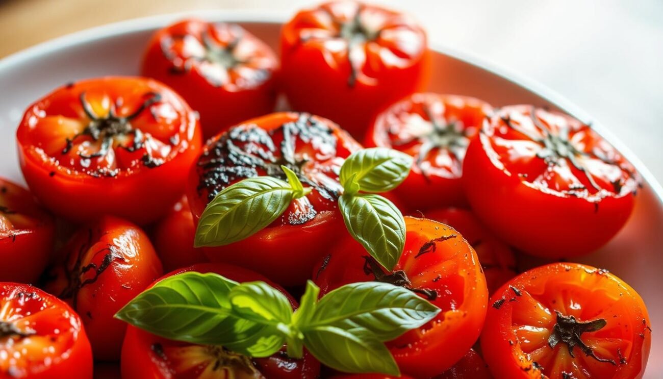 Piatto di pomodori gratinati al forno, appena estratti dal forno. La superficie dorata e leggermente crostosa si staglia su un letto di pomodori rossi lucenti, cotti a puntino. Uno spicchio d'aglio soffrigge nel fondo della teglia, emanando un profumo irresistibile. Foglie fresche di basilico decorano il piatto, aggiungendo un tocco di verde. La luce calda e uniforme illumina la scena, enfatizzando la consistenza morbida e succulenta dei pomodori. Un risultato perfetto per un contorno estivo ricco di gusto.