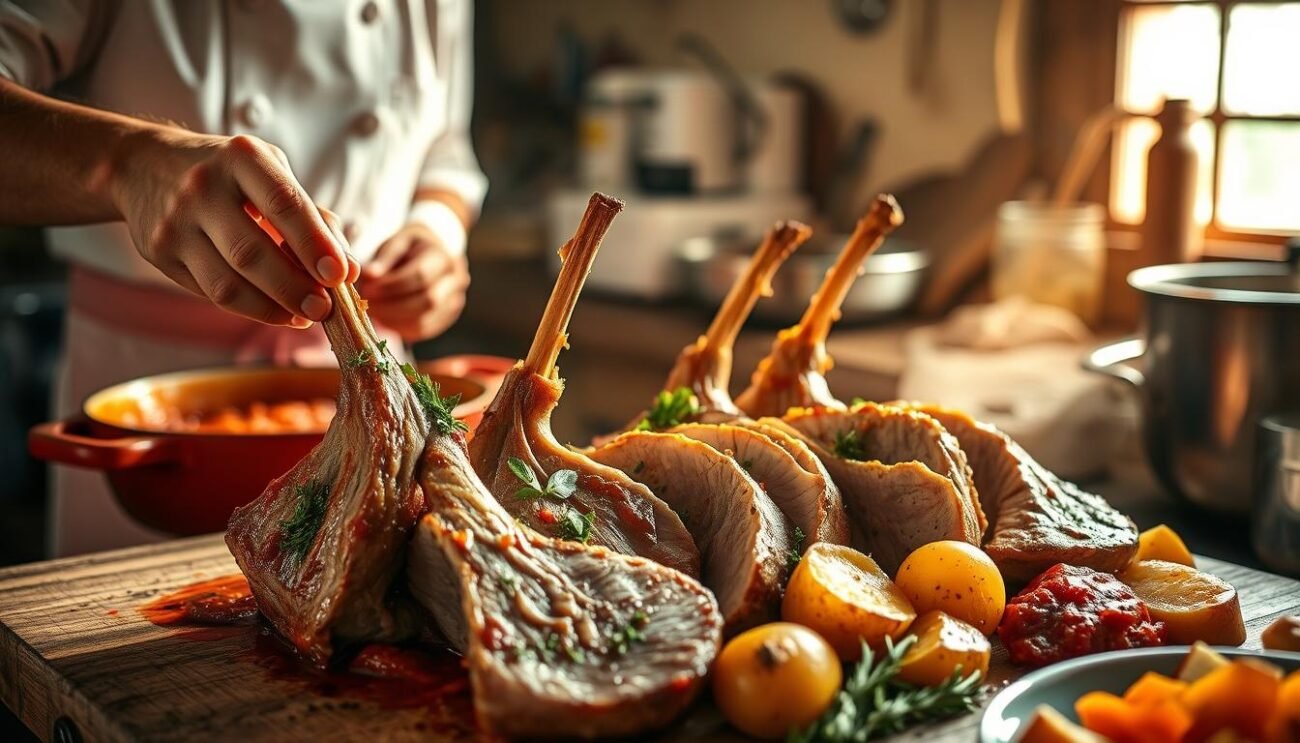 Prepare a delectable Pecora alla Pastora Lucana, a traditional shepherd's dish from the mountainous Lucanian region of Italy. In a rustic kitchen, a skilled chef carefully seasons the succulent lamb with aromatic herbs, garlic, and local spices. The meat is slowly simmered in a rich tomato-based sauce, infusing it with the flavors of the region's hearty cuisine. The scene is bathed in warm, golden light filtering through the window, creating a cozy and inviting atmosphere. Tender slices of the lamb are served alongside roasted potatoes and seasonal vegetables, ready to be savored as a true taste of the Lucanian countryside.