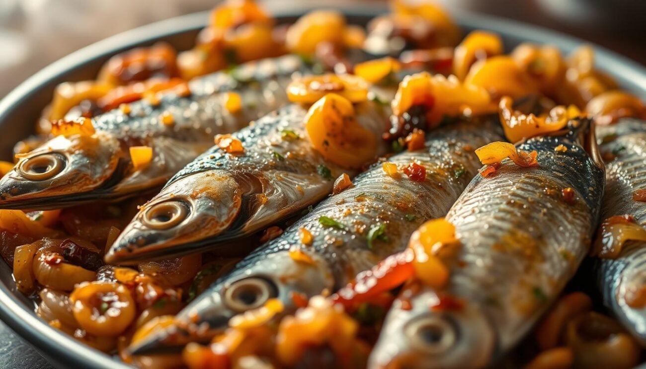 Savory sarde in saor, a traditional Venetian dish: a platter of golden-fried sardines, their delicate flesh infused with the tangy sweetness of caramelized onions, vinegar, and aromatic herbs. Lit by warm, soft lighting, the composition captures the rustic charm and vibrant flavors of this regional culinary treasure. The sardines glisten, their scales reflecting the gentle glow, while the onions, tender yet still retaining a pleasant bite, create a harmonious contrast. The overall scene evokes a sense of homespun comfort and the rich cultural heritage of Veneto.