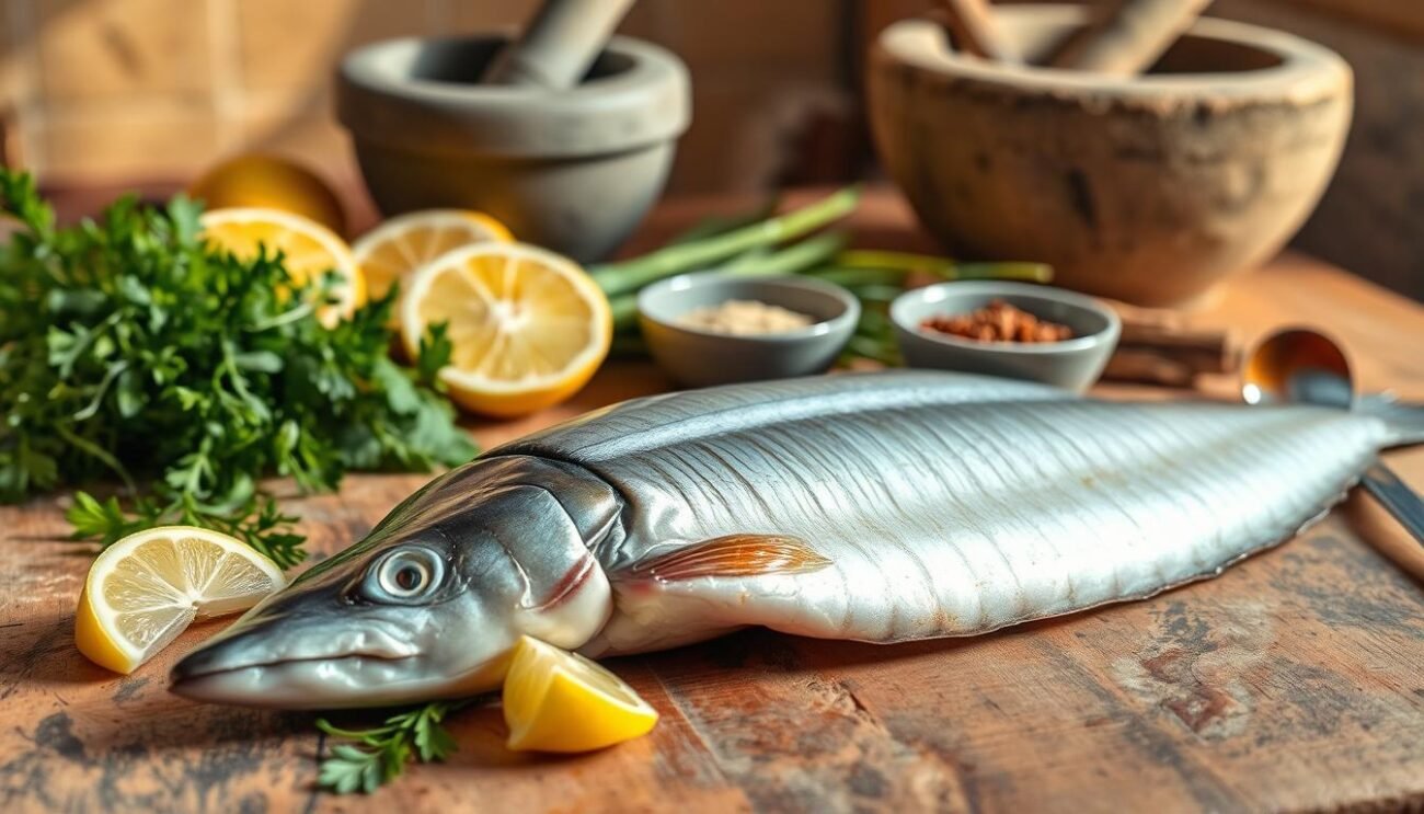 Spread across a rustic wooden table, an array of ingredients for grilled eel. A gleaming, silver eel fillet lies in the foreground, surrounded by fresh lemon wedges, fragrant herbs, and a small bowl of aromatic spices. In the middle ground, a bundle of green onions and slender asparagus spears add a vibrant touch. The background features a stone mortar and pestle, suggesting the preparation of a flavorful sauce or marinade. Warm, natural lighting casts a soft glow, evoking the cozy ambiance of an Italian kitchen. This image captures the essential elements needed to recreate the authentic flavors of "Anguilla alla Griglia del Delta," a beloved regional dish.