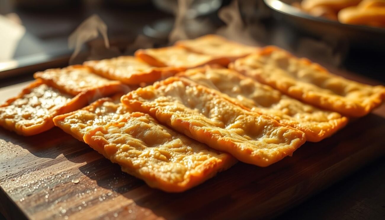 Steaming hot panelle siciliane, freshly fried to a golden crisp. Slender rectangles of chickpea fritters, their exterior crunchy and shimmering with droplets of oil, while the interior remains soft and savory. Arranged on a wooden board, the panelle cast intriguing shadows, hinting at the skilled techniques behind their preparation. Warm Mediterranean light filters in, casting a comforting glow and highlighting the rustic, homemade appeal of this beloved Palermo street food. Captured from a low angle, emphasizing the inviting texture and vibrant color palette, this image perfectly encapsulates the essence of "Tecniche di Cottura delle Panelle."