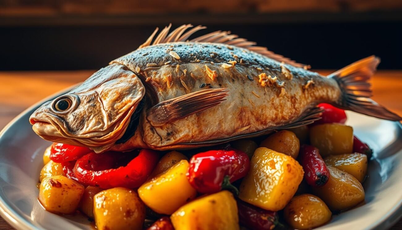 Stoccafisso, a traditional Italian dried and salted cod, rests atop a bed of sautéed potatoes and roasted peppers, their vibrant colors and textures creating a visually stunning dish. The fish's weathered, flaky exterior reflects the passage of time, a testament to the centuries-old methods used to preserve it. Warm, golden lighting illuminates the scene, casting a cozy and inviting atmosphere. The composition is balanced, with the stoccafisso taking center stage, flanked by the supporting cast of vegetables. This image captures the cultural significance and time-honored traditions of this beloved Calabrian delicacy.