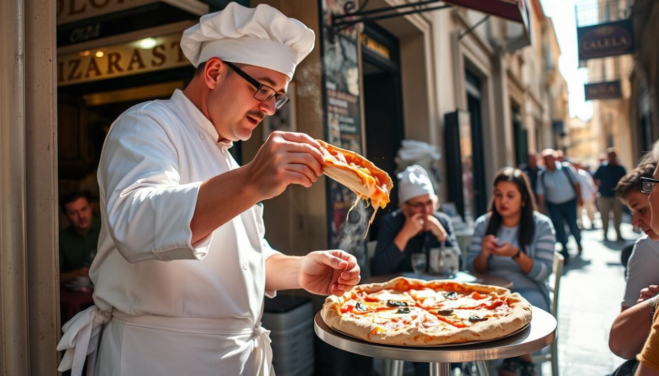 Streetside café in the heart of historic Naples, a classic pizzeria radiates with the aroma of freshly baked dough and melted mozzarella. A master pizzaiolo, clad in a crisp white apron, deftly folds a piping hot slice into a portable "portafoglio" style, the signature crust cradling a symphony of flavors. Sunlight filters through the narrow alleyway, casting a warm glow on the scene as patrons savor each bite, immersed in the timeless traditions of Neapolitan pizza-making. The camera captures this timeless moment, showcasing the artistry and heritage that define this culinary gem.