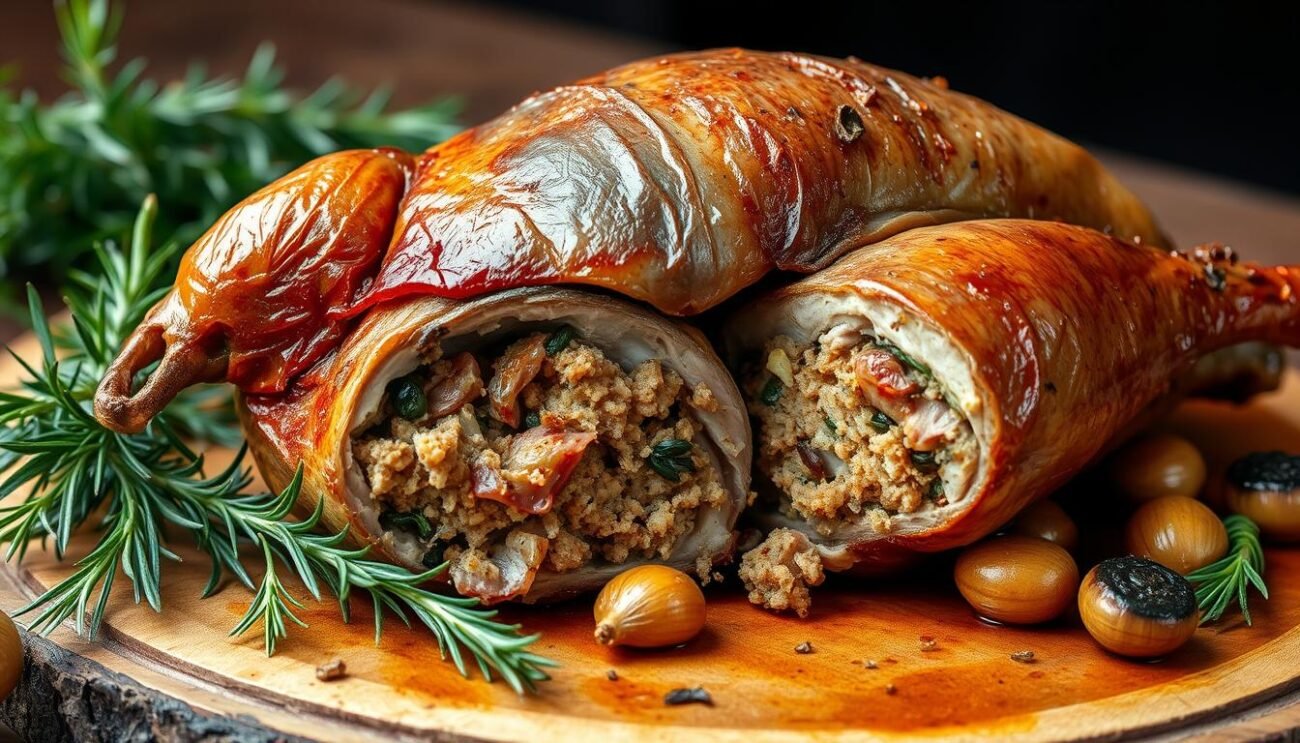 Succulent roasted pigeon, its plump body stuffed with a savory blend of breadcrumbs, herbs, and aromatic vegetables. The golden-brown skin glistens under the warm light, inviting a closer look at the cross-section revealing the tender, juicy meat. Placed atop a rustic wooden board, the roasted pigeon is flanked by sprigs of fresh rosemary and a scattering of roasted garlic cloves, hinting at the rich, earthy flavors within. A classic Italian dish, captured in exquisite detail to showcase the artful preparation and the cultural heritage of this beloved feast-day delicacy.