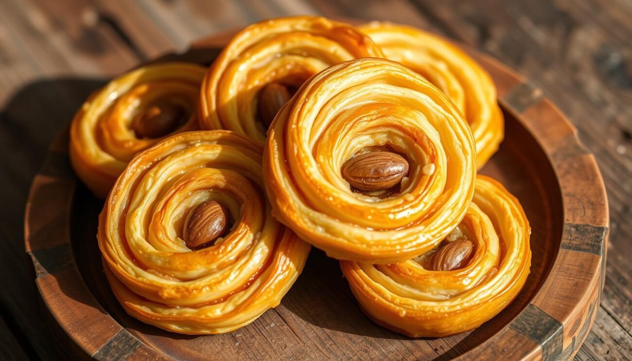 Tiriccas, the spiral-shaped delights, nestled on a rustic wooden surface. Delicate layers of golden pastry encase a sumptuous filling of fragrant honey and crunchy almonds. Soft natural lighting casts a warm glow, highlighting the intricate swirls and the rich, caramelized hues. The spiral pattern, a testament to the skilled craftsmanship, invites the viewer to imagine the satisfying texture and the blend of sweet and nutty flavors. This close-up composition captures the essence of these traditional Italian pastries, transporting the senses to a cozy kitchen where the aroma of freshly baked tiriccas fills the air. Tiriccas, the spiral-shaped delights, nestled on a rustic wooden surface. Delicate layers of golden pastry encase a sumptuous filling of fragrant honey and crunchy almonds. Soft natural lighting casts a warm glow, highlighting the intricate swirls and the rich, caramelized hues. The spiral pattern, a testament to the skilled craftsmanship, invites the viewer to imagine the satisfying texture and the blend of sweet and nutty flavors. This close-up composition captures the essence of these traditional Italian pastries, transporting the senses to a cozy kitchen where the aroma of freshly baked tiriccas fills the air.