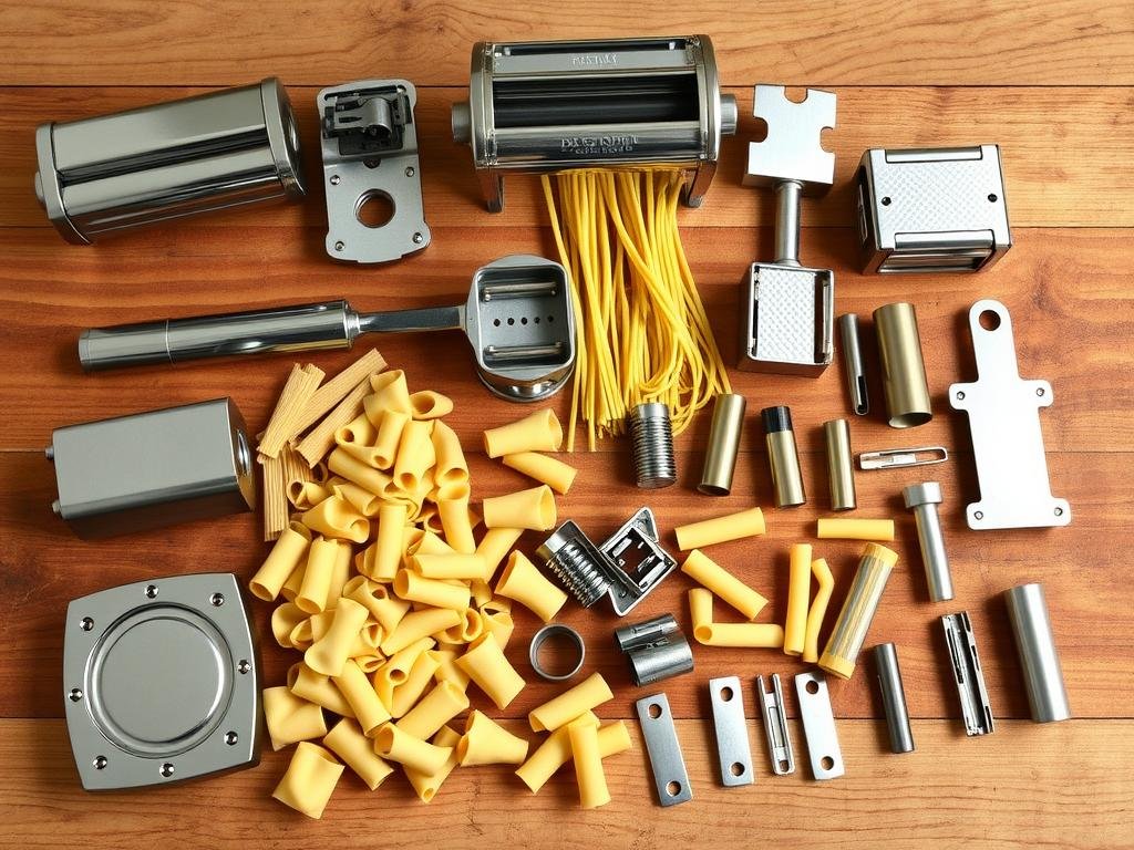 Vari accessori e trafile per macchine per pasta che mostrano diversi formati possibili