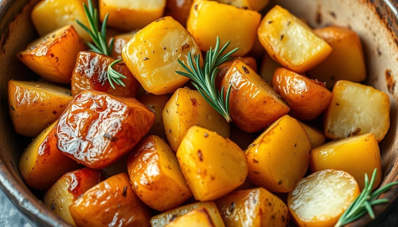 Vibrant roasted potatoes, their golden-brown skin glistening with rosemary-infused olive oil, arranged in a rustic, earthenware dish. The fragrant herbs add depth, complementing the natural sweetness of the potatoes. Crisp edges give way to a fluffy, pillowy interior, inviting a satisfying bite. Soft, diffused lighting highlights the dish's textural contrast, creating an appetizing and authentic presentation. Captured from a high, three-quarter angle, the image conveys the comforting, homemade essence of this traditional side dish. The composition emphasizes the potatoes' nutritional properties, showcasing their wholesome goodness. Vibrant roasted potatoes, their golden-brown skin glistening with rosemary-infused olive oil, arranged in a rustic, earthenware dish. The fragrant herbs add depth, complementing the natural sweetness of the potatoes. Crisp edges give way to a fluffy, pillowy interior, inviting a satisfying bite. Soft, diffused lighting highlights the dish's textural contrast, creating an appetizing and authentic presentation. Captured from a high, three-quarter angle, the image conveys the comforting, homemade essence of this traditional side dish. The composition emphasizes the potatoes' nutritional properties, showcasing their wholesome goodness.