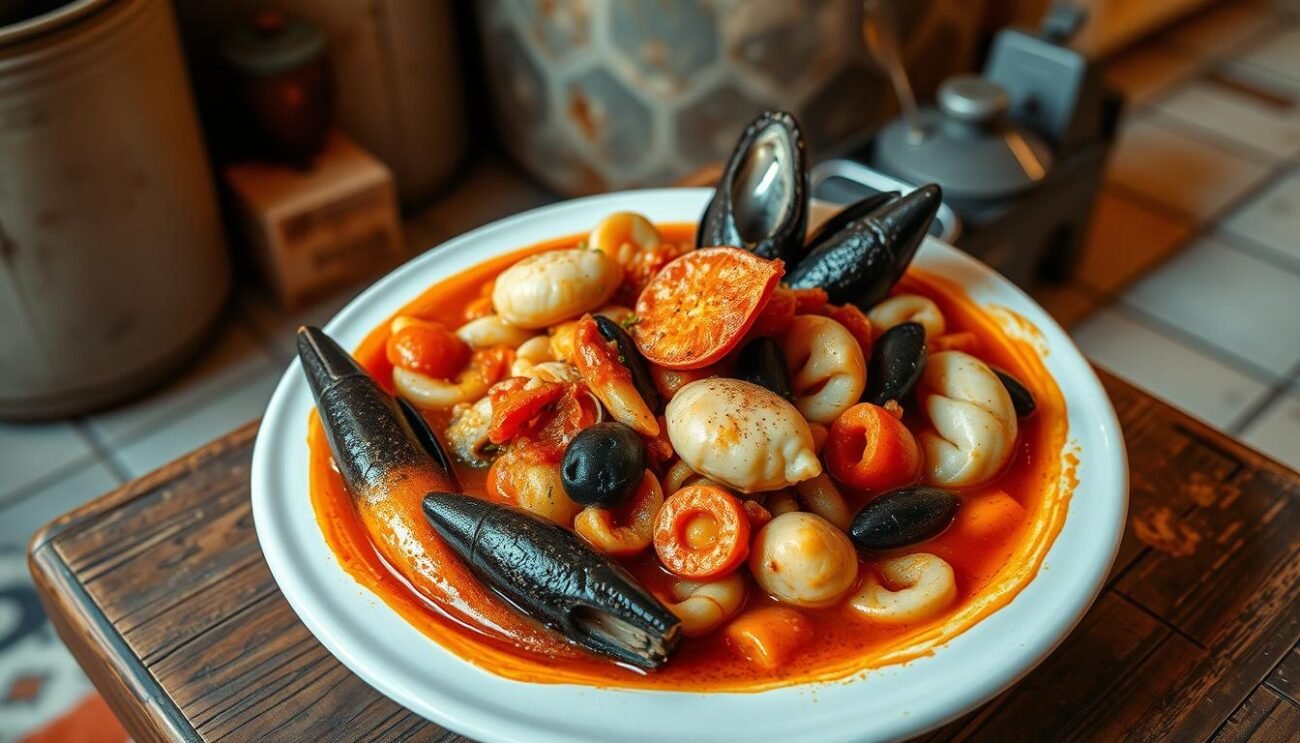 A beautifully crafted Brodetto Romagnolo dish, simmering in a rich, tomato-based broth, surrounded by a variety of fresh, locally-sourced seafood. The scene is set in a rustic, Italian kitchen, with warm, golden lighting casting a cozy glow over the scene. The dish is presented on a simple, white ceramic plate, allowing the vibrant colors and textures of the ingredients to take center stage. The background features a weathered, wooden table and a glimpse of a traditional, Italian tile floor, evoking the comforting, homemade atmosphere of a classic, regional dish. The overall composition captures the essence of this beloved, northern Italian seafood stew, showcasing its visual appeal and the care and craftsmanship that goes into its preparation. A beautifully crafted Brodetto Romagnolo dish, simmering in a rich, tomato-based broth, surrounded by a variety of fresh, locally-sourced seafood. The scene is set in a rustic, Italian kitchen, with warm, golden lighting casting a cozy glow over the scene. The dish is presented on a simple, white ceramic plate, allowing the vibrant colors and textures of the ingredients to take center stage. The background features a weathered, wooden table and a glimpse of a traditional, Italian tile floor, evoking the comforting, homemade atmosphere of a classic, regional dish. The overall composition captures the essence of this beloved, northern Italian seafood stew, showcasing its visual appeal and the care and craftsmanship that goes into its preparation.