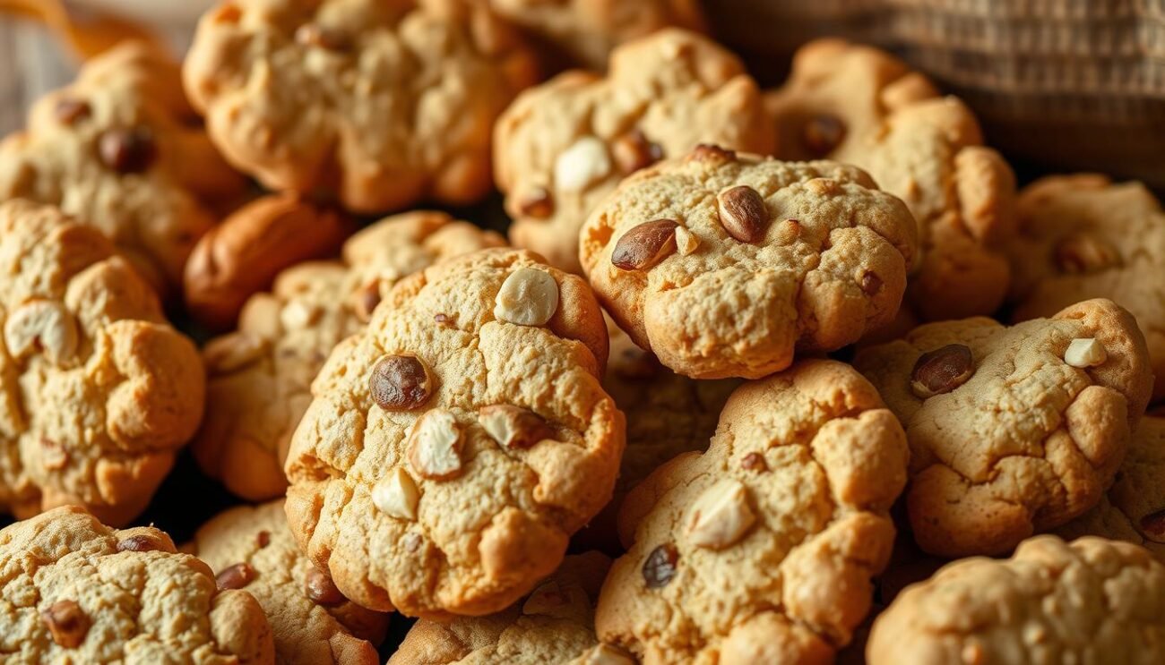 A beautifully crafted arrangement of freshly baked Cantucci Proteici, nestled against a backdrop of warm, rustic tones. The golden-brown biscuits, studded with toasted almonds and hazelnuts, exude an inviting aroma, their crisp texture a testament to the traditional Tuscan baking techniques. Soft natural lighting casts a gentle glow, highlighting the intricate details of the baked goods. The image conveys a sense of wholesome indulgence, a healthier take on the classic Tuscan treat, perfectly suited to illustrate the section "I Cantucci Proteici: Una Versione Salutare di un Classico Toscano".