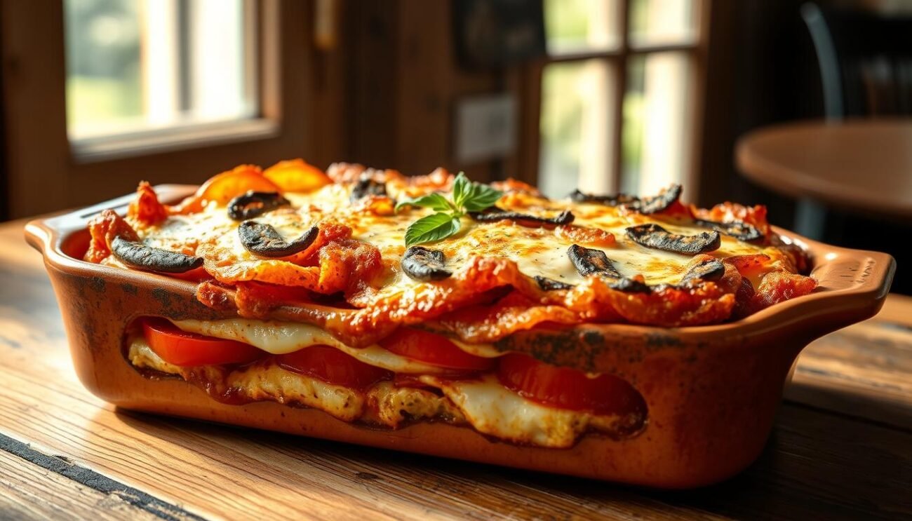 A beautifully crafted parmigiana di alici, a traditional coastal dish from the Campania region of Italy. The image depicts a layered casserole with crisp golden-brown fried anchovy fillets, interspersed with slices of ripe, juicy tomatoes and gooey melted mozzarella cheese. The casserole is presented in a rustic earthenware dish, resting on a wooden table against a backdrop of natural sunlight filtering through an open window, casting a warm, inviting glow. The overall composition evokes the comforting flavors and textures of this iconic Italian culinary delight.