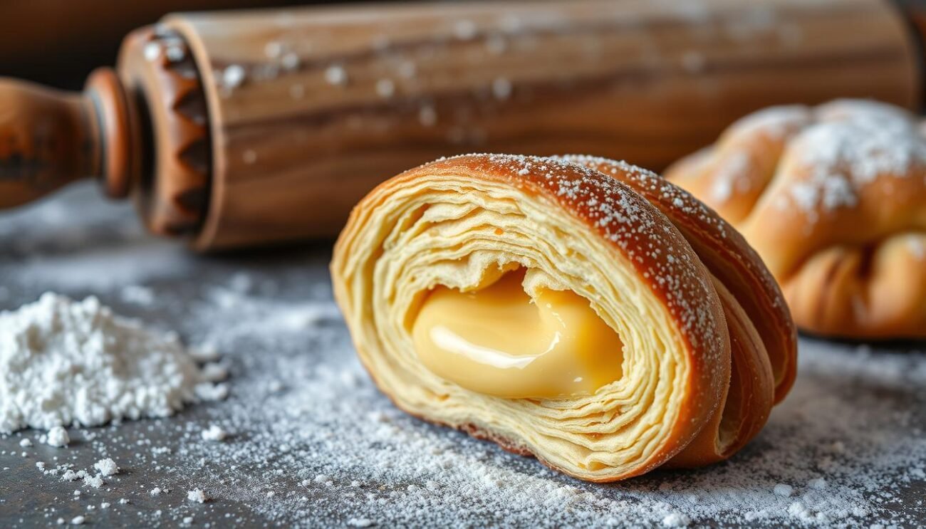 A beautifully crafted sfogliatella napoletana, a classic Neapolitan pastry, stands in the foreground. Its flaky, golden-brown exterior reveals intricate layers of crisp dough, meticulously shaped into a distinctive clamshell form. The interior is filled with a luscious, creamy semolina custard, infused with a hint of lemon zest and a touch of vanilla. The pastry is set against a backdrop of traditional Italian bakery accoutrements, such as a vintage wooden rolling pin, a dusting of flour, and a gentle sprinkling of powdered sugar. The lighting is soft and natural, casting a warm, inviting glow over the scene, evoking the cozy atmosphere of a charming Neapolitan pastry shop.