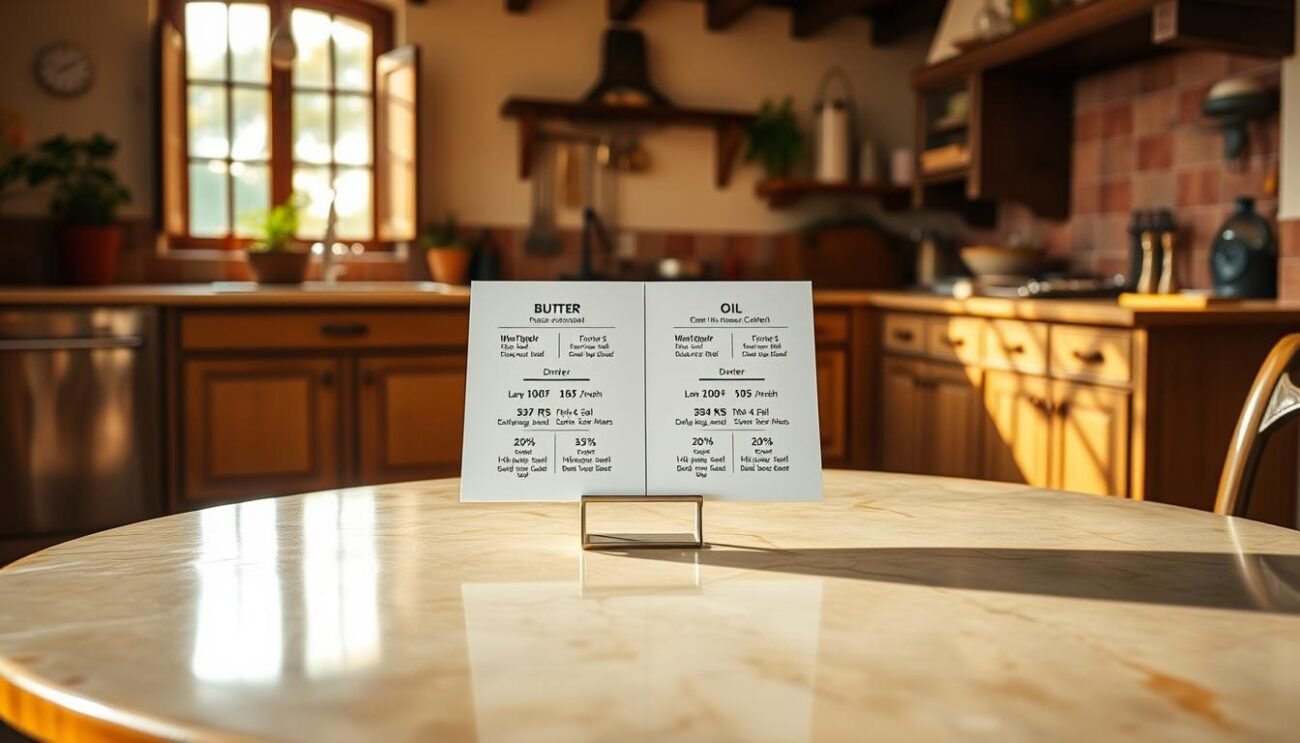 A beautifully crafted table, its surface gleaming with a delicate sheen, stands as the centerpiece of the frame. On it, a visual guide unfolds, meticulously illustrating the conversion between butter and oil measurements. The backdrop is a warm, inviting Italian kitchen, complete with terracotta tiles, rustic wooden beams, and a glimpse of a window overlooking a sun-dappled Italian countryside. The lighting is soft and natural, casting a gentle glow over the scene, inviting the viewer to delve into the secrets of baking with these essential ingredients. The overall atmosphere is one of culinary expertise and attention to detail, perfectly capturing the essence of the section title.