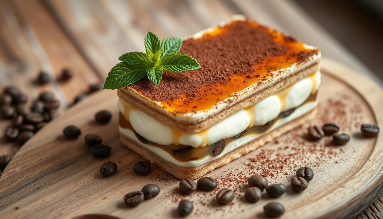 A beautifully crafted tiramisù, gently layered with velvety mascarpone and richly-hued ladyfingers, free from the cloying sweetness of sugar. Shimmering pools of amber honey, freshly harvested from acacia blossoms, lend a delicate floral sweetness, while the deep, earthy notes of espresso and a dusting of cocoa powder create a harmonious balance. The dessert is presented on a rustic wooden board, surrounded by scattered coffee beans and a sprig of fresh mint, evoking the warmth and simplicity of an Italian kitchen. Soft, diffused lighting casts a gentle glow, inviting the viewer to savor each luxurious bite.