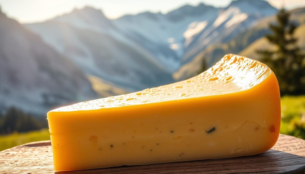 A beautifully crafted wedge of Ossolano d'Alpe DOP cheese, its rich golden hue gleaming under the warm alpine sunlight. The smooth, supple rind reveals the cheese's artisanal origins, while the dense, creamy interior showcases the flavorful notes of mountain herbs and wildflowers that infuse this prized dairy product. Nestled amidst a backdrop of majestic snow-capped peaks and lush alpine meadows, this image captures the essence of the Piemontese cheese-making tradition that has endured for generations.