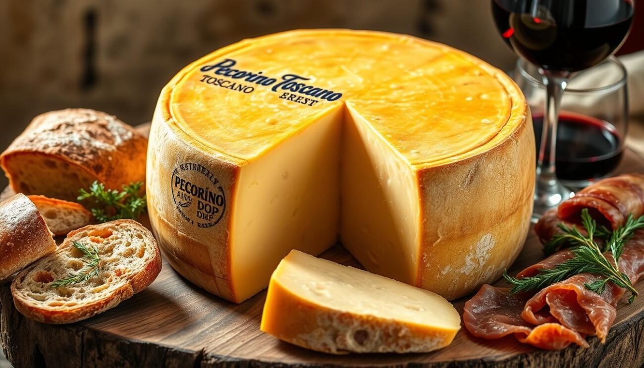 A beautifully crafted wheel of Pecorino Toscano DOP cheese sits atop a rustic wooden table, its aged rind glowing warmly under soft, natural lighting. Surrounding it, an assortment of local delicacies - crusty bread, cured meats, and a glass of robust red wine - inviting the viewer to imagine the perfect pairing and savoring the flavors in a cozy Tuscan borgo. The composition evokes the pastoral tranquility of the Val d'Orcia region, with the cheese as the centerpiece of this artisanal, farm-to-table experience.