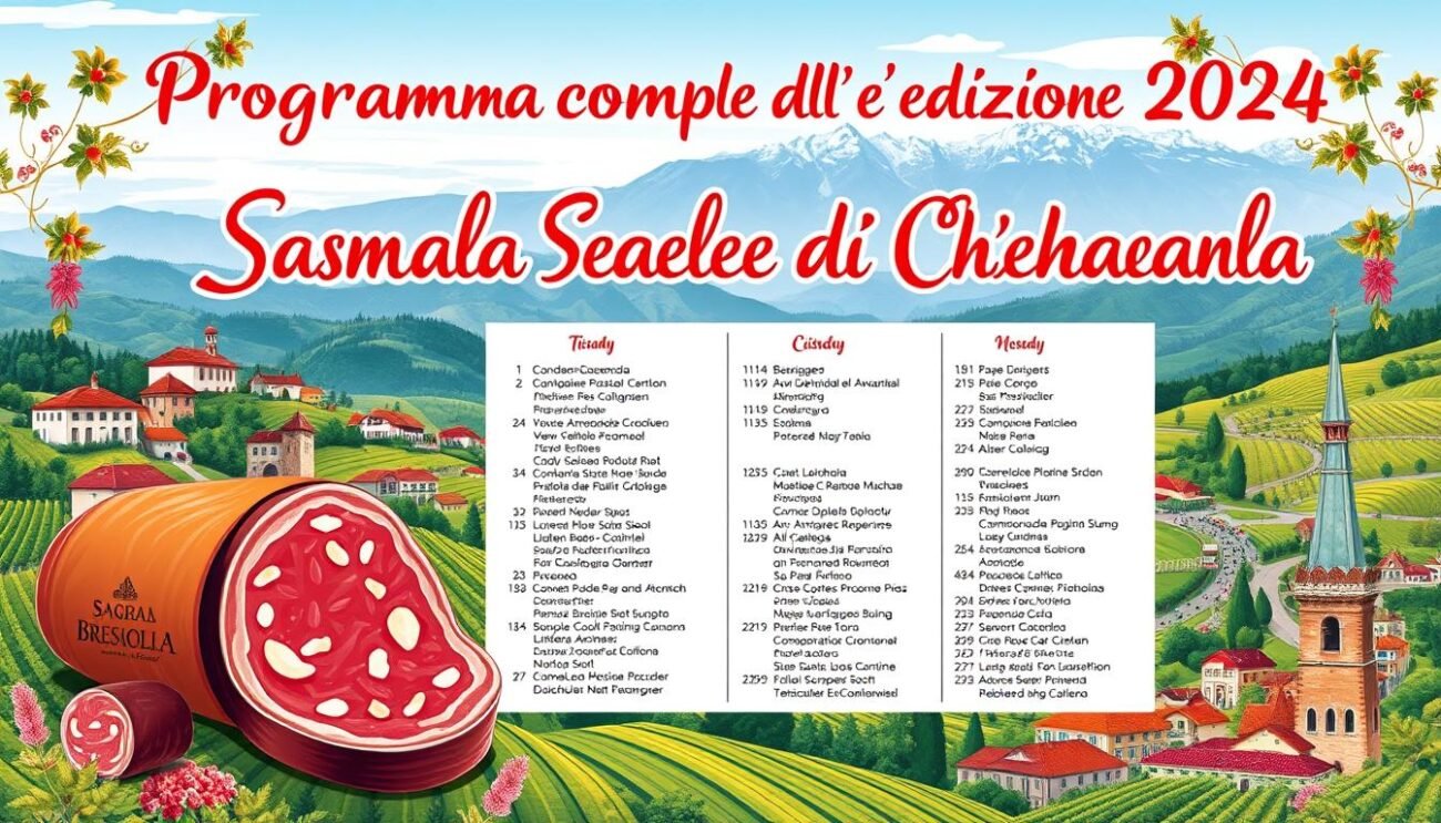 A beautifully designed poster showcasing the "Programma Completo dell'Edizione2024" of the Sagra della Bresaola di Chiavenna event in Valtellina, Italy. The poster features a vibrant, full-color illustration of the picturesque Italian landscape, with rolling hills, lush vineyards, and the iconic red-roofed buildings characteristic of the region. In the foreground, a central focus is given to a large, high-quality image of the traditional Italian salumi, the bresaola, prominently displayed. The middle ground is occupied by a neatly organized schedule of events and activities, presented in a clear and legible typeface that complements the overall aesthetic. The background is filled with subtle, yet evocative details that capture the essence of the Valtellina region, such as winding roads, quaint town squares, and the majestic Alps in the distance. The overall composition is balanced, visually appealing, and effectively conveys the festive and celebratory nature of the event. A beautifully designed poster showcasing the "Programma Completo dell'Edizione2024" of the Sagra della Bresaola di Chiavenna event in Valtellina, Italy. The poster features a vibrant, full-color illustration of the picturesque Italian landscape, with rolling hills, lush vineyards, and the iconic red-roofed buildings characteristic of the region. In the foreground, a central focus is given to a large, high-quality image of the traditional Italian salumi, the bresaola, prominently displayed. The middle ground is occupied by a neatly organized schedule of events and activities, presented in a clear and legible typeface that complements the overall aesthetic. The background is filled with subtle, yet evocative details that capture the essence of the Valtellina region, such as winding roads, quaint town squares, and the majestic Alps in the distance. The overall composition is balanced, visually appealing, and effectively conveys the festive and celebratory nature of the event.