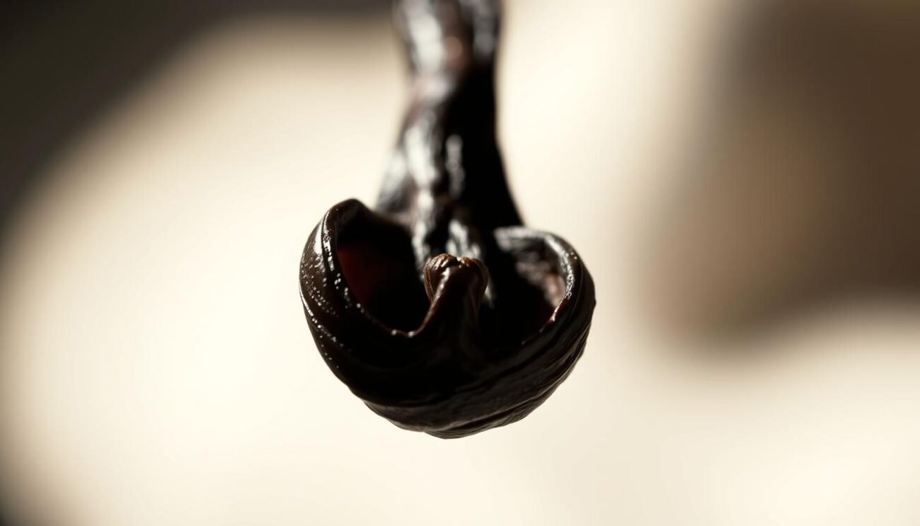 A beautifully detailed close-up of a single vanilla bean pod, suspended against a soft, blurred background. The pod's deep, rich brown hue and luscious, glistening texture is highlighted by dramatic, chiaroscuro lighting, casting dramatic shadows and highlights. The composition draws the viewer's eye directly to the center of the pod, emphasizing its intricate, organic form and the captivating essence of the "magic" of vanilla. The overall mood is one of artful, sensual elegance, perfectly suited to illustrate the section on the origins and characteristics of this prized ingredient.