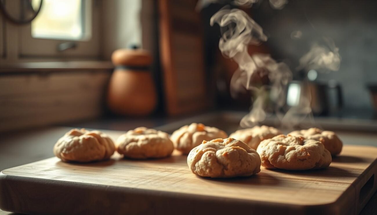 A beautifully lit, rustic kitchen scene depicting a batch of freshly baked cookies or small pastries, steam rising from them. The baked goods sit on a wooden cutting board, the warm, soft tones of the wood complementing the golden brown hues of the treats. Soft, natural lighting filters in through a nearby window, casting a gentle glow over the scene. The background is slightly blurred, allowing the focus to remain on the delectable baked goods in the foreground. The overall mood is cozy, inviting, and evocative of the homemade, sugar-free indulgence described in the article section title.
