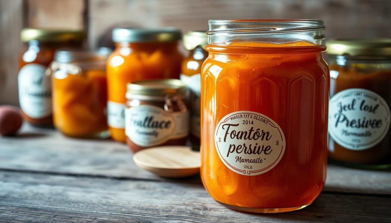 A beautifully lit, rustic still life scene showcasing a variety of traditional Italian preserves, all crafted without the use of added sugar. In the foreground, a delicate glass jar filled with a vibrant orange marmalade, its contents glistening under soft, natural lighting. In the middle ground, an array of other jarred preserves in warm earth-toned hues, each label designed with intricate, hand-drawn typography. The background features a wooden table or surface, its weathered texture providing a timeless, artisanal backdrop. The overall composition evokes a sense of tradition, quality, and the artful preservation of seasonal flavors, perfectly suited to illustrate the "Conservazione per Tipologia di Dolce" section of the article. A beautifully lit, rustic still life scene showcasing a variety of traditional Italian preserves, all crafted without the use of added sugar. In the foreground, a delicate glass jar filled with a vibrant orange marmalade, its contents glistening under soft, natural lighting. In the middle ground, an array of other jarred preserves in warm earth-toned hues, each label designed with intricate, hand-drawn typography. The background features a wooden table or surface, its weathered texture providing a timeless, artisanal backdrop. The overall composition evokes a sense of tradition, quality, and the artful preservation of seasonal flavors, perfectly suited to illustrate the "Conservazione per Tipologia di Dolce" section of the article.