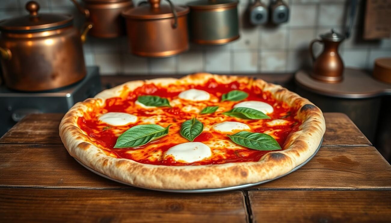 A beautifully plated classic Neapolitan pizza Margherita, with a thin, perfectly charred crust, glistening with olive oil, and topped with vibrant red tomato sauce, creamy mozzarella cheese, and fresh basil leaves. The pizza is set against a rustic Italian kitchen backdrop, with copper pots hanging overhead and a weathered wooden table in the foreground. Soft, warm lighting casts a cozy, inviting atmosphere, evoking the comfort and tradition of Raffaele Esposito's pioneering home pizza delivery service for Queen Margherita in 19th century Naples.