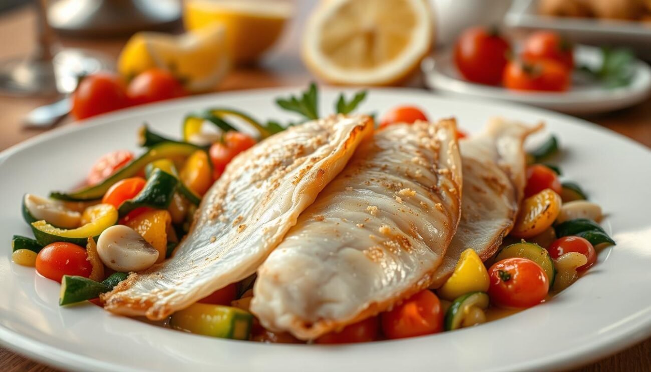 A beautifully plated seafood dish, meticulously arranged on a pristine white plate. In the foreground, delicate sole fillets, lightly dusted and seared to a golden perfection, their tender flesh glistening. Surrounding them, a vibrant array of sautéed vegetables - tender zucchini, bright cherry tomatoes, and fragrant garlic. In the background, a subtle hint of lemon wedges, adding a refreshing touch. The entire composition is bathed in warm, soft lighting, casting a inviting glow. The dish is presented with elegant simplicity, highlighting the natural flavors and textures of the ingredients. An artful and appetizing representation of the regional Emilia-Romagna specialty, "Sogliole alla Mugnaia".