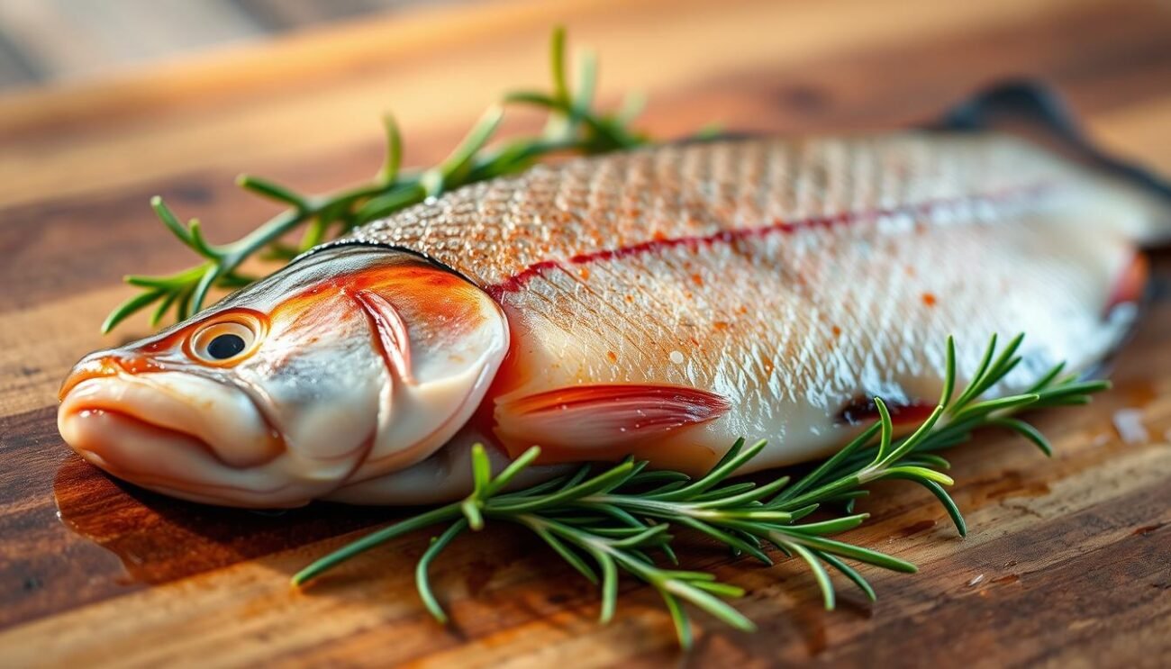 A beautifully presented trout fillet, its delicate flesh glistening under soft, warm lighting. The fish is carefully arranged on a wooden serving board, its skin lightly seared to a golden brown. Vibrant green herbs, perhaps rosemary or thyme, are scattered around the trout, adding a touch of rustic charm. The image conveys the essence of a traditional Umbrian dish, where the simple yet flavorful preparation allows the natural quality of the trout to shine. The overall composition evokes a sense of rustic elegance, perfectly suited to illustrate the "Preparazione e Cottura della Trota alla Perugina" section of the article.