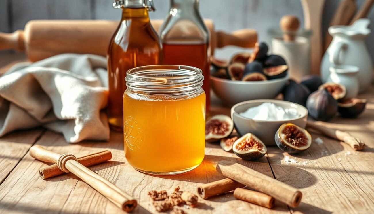 A beautifully styled image of an assortment of natural sweeteners and baking ingredients arranged on a rustic wooden table. In the foreground, a glass jar filled with golden honey, a wooden spoon, and a scattering of cinnamon sticks. In the middle ground, a glass bottle of maple syrup, a ceramic bowl of coconut sugar, and a handful of dried figs. In the background, a linen towel, a rolling pin, and a selection of baking tools. Soft, natural lighting illuminates the scene, casting warm shadows and highlighting the rich textures of the ingredients. The overall mood is cozy, homey, and inviting, reflecting the article's focus on healthier, more natural alternatives to refined sugar in baking.