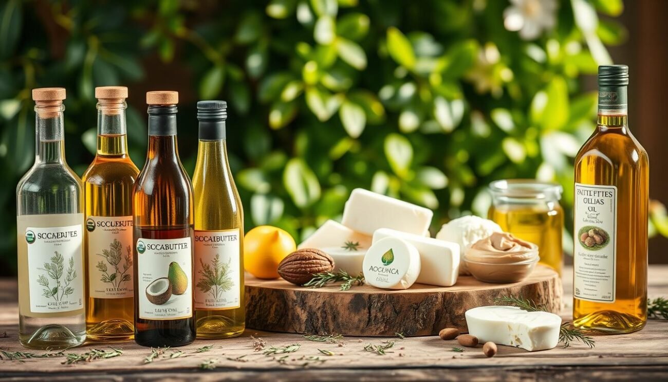 A beautifully styled scene depicting various plant-based fats and oils commonly used in baking and confectionery. In the foreground, a selection of organic, unrefined vegetable oils such as coconut, olive, and avocado are displayed in elegant glass bottles, their labels featuring delicate botanical illustrations. In the middle ground, an assortment of natural, plant-based fat sources like cocoa butter, shea butter, and nut butters are arranged on a rustic wooden surface, surrounded by scattered sprigs of fresh herbs. The background features a soft, blurred backdrop of lush, green foliage, evoking a sense of health, vitality, and the natural world's bounty. Warm, natural lighting casts a gentle glow across the scene, highlighting the rich textures and colors of the ingredients. The overall mood is one of wellness, culinary expertise, and a celebration of plant-based baking.