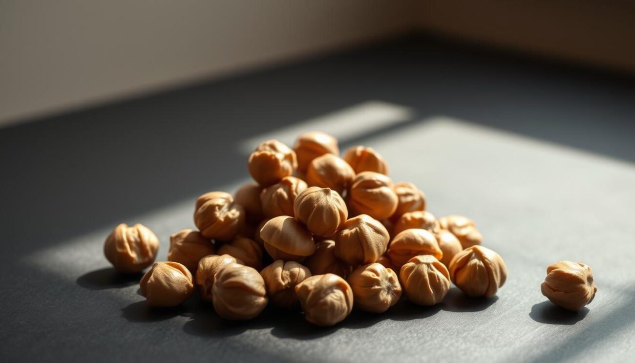 A beautifully styled still life showcasing a handful of glistening, light-roasted Piedmont hazelnuts. The nuts are arranged artfully on a smooth, dark surface, casting soft shadows and catching the warm glow of natural lighting from an angled side window. The hazelnuts' rich, golden-brown hues and delicate, wrinkled textures evoke a sense of artisanal craftsmanship and high-quality ingredients. The image exudes a refined, sophisticated mood, reflecting the modern, sugar-free take on the classic "Baci di Dama" confection. Subtle, muted tones and a clean, minimalist composition draw the viewer's focus to the star of the scene - the premium Piedmont hazelnuts.