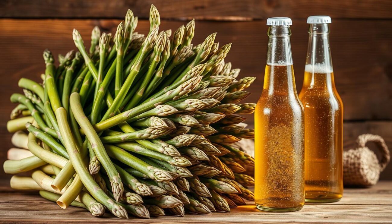 A bountiful arrangement of freshly harvested asparagus spears, their vibrant green hues complemented by the sparkling clarity of crisp, pale golden lager beers. The scene is set against a backdrop of rustic wooden surfaces, evoking a cozy, inviting atmosphere. The asparagus is carefully arranged, showcasing its delicate and elegant form, while the beer bottles are positioned to capture the effervescent bubbles and gleaming highlights. The lighting is soft and natural, casting a warm glow over the entire composition. This image perfectly encapsulates the seasonal pairing of seasonal vegetables and refreshing beverages, inviting the viewer to savor the flavors of a vibrant, plant-based culinary experience.