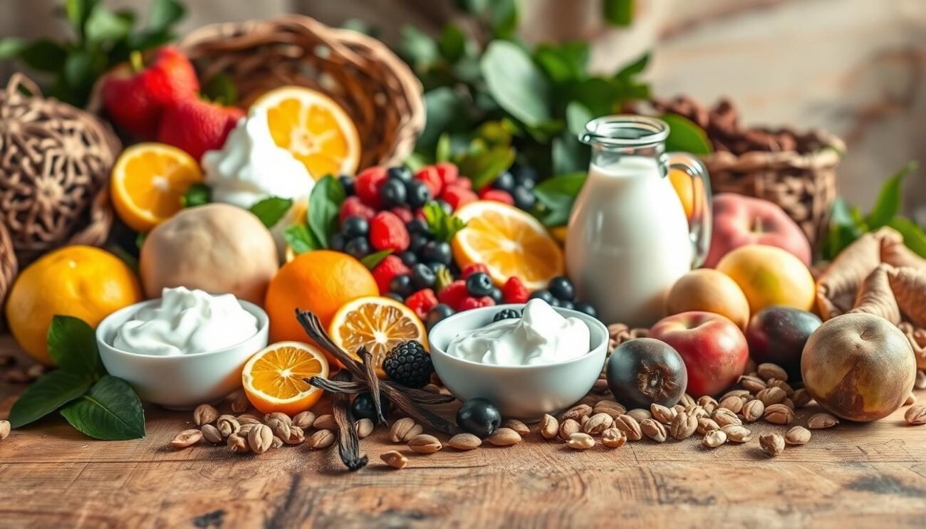 A bountiful assortment of fresh, seasonal fruits and nuts artfully arranged on a rustic wooden table, bathed in soft, warm lighting. In the foreground, an array of natural, dairy-based ingredients - creamy yogurt, rich heavy cream, and fragrant vanilla bean pods - awaits transformation into a decadent, sugar-free gelato. The middle ground features an array of vibrant berries, sliced citrus, and plump stone fruits, hinting at the vibrant flavors to come. In the background, a backdrop of lush greenery and earthy textures sets the stage for this wholesome, homemade dessert. The overall composition exudes a sense of simplicity, purity, and the bounty of nature, capturing the essence of "Ingredienti per gelato senza zucchero". A bountiful assortment of fresh, seasonal fruits and nuts artfully arranged on a rustic wooden table, bathed in soft, warm lighting. In the foreground, an array of natural, dairy-based ingredients - creamy yogurt, rich heavy cream, and fragrant vanilla bean pods - awaits transformation into a decadent, sugar-free gelato. The middle ground features an array of vibrant berries, sliced citrus, and plump stone fruits, hinting at the vibrant flavors to come. In the background, a backdrop of lush greenery and earthy textures sets the stage for this wholesome, homemade dessert. The overall composition exudes a sense of simplicity, purity, and the bounty of nature, capturing the essence of "Ingredienti per gelato senza zucchero".
