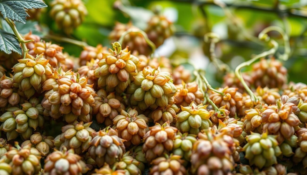 A bountiful display of vibrant hop cones in varying shades of green, amber, and purple. The foreground showcases the intricate textures and structures of individual hop varieties, their lupulin glands glistening with essential oils. The middle ground features lush hop bines, their winding tendrils intertwined, creating a dynamic visual tapestry. The background subtly blends in a soft, diffused light, evoking a serene, naturalistic atmosphere. Captured with a high-resolution lens, the image emphasizes the remarkable diversity and aromatic complexity of the hop, a crucial ingredient in the craft of brewing flavorful beers.